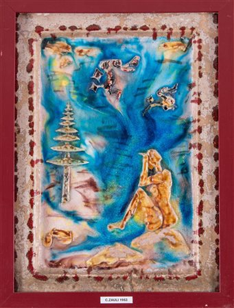 Carlo Zauli (Faenza 1926 - 2002), “Figura seduta”.Placca in ceramica decorata in altorilievo e