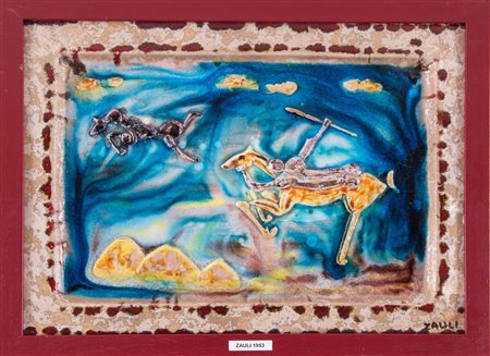 Carlo Zauli (Faenza 1926 - 2002), “Cacciatori a cavallo”.Placca in ceramica decorata in