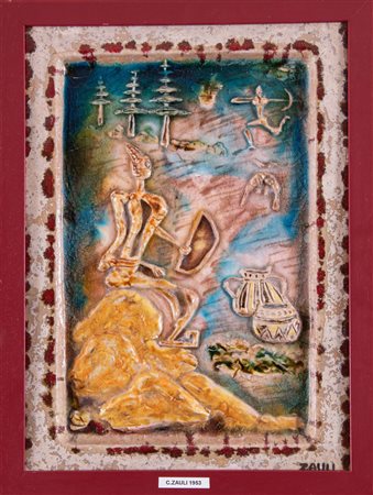 Carlo Zauli (Faenza 1926 - 2002), “Figura seduta con vasellame”.Placca in ceramica decorata in