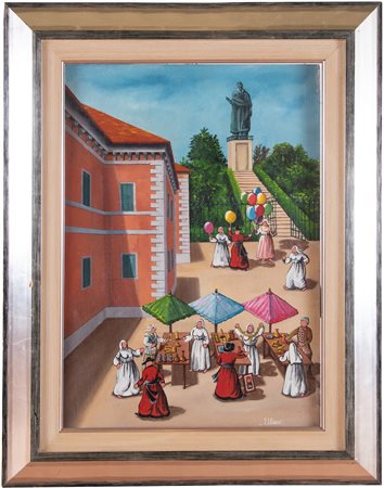 Rossano Massaccesi detto Ulisse (Osimo 1957), “Arona - Mercatino a S. Carlone”, 2002.Olio su