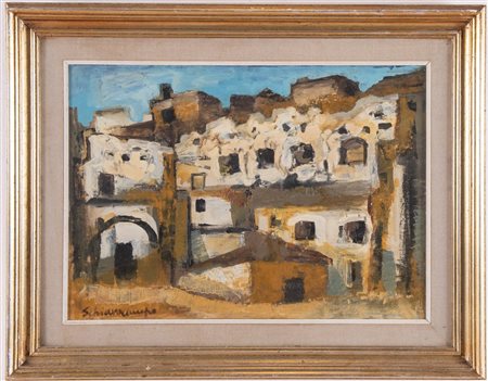 Paolo Schiavocampo (Palermo 1924 - Milano 2022), “Case”.Olio su tela, firmato in basso a