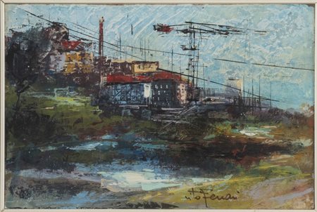 Vito Ferrari (Rovigo 1928), “Periferia”.Olio su faesite, firmato in basso al centro Vito