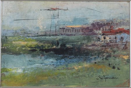 Vito Ferrari (Rovigo 1928), “Periferia”.Olio su faesite, firmato in basso a destra Vito