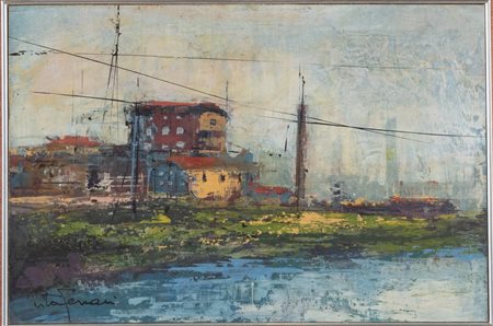 Vito Ferrari (Rovigo 1928), “Periferia”, 1974.Olio su faesite, firmato in basso a sinistra Vito