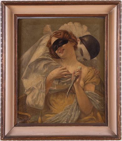 Carlo Pennacchietti (Porto San Giorgio 1870 - 1950), “Pesonaggi in maschera”.Olio su tela,