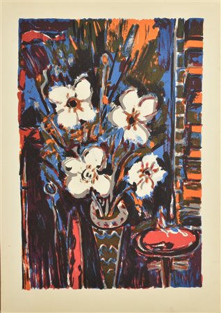 Corrado Spaziani 5 FIORI CON TAVOLINO ROSSO litografia su carta, cm 70x50...