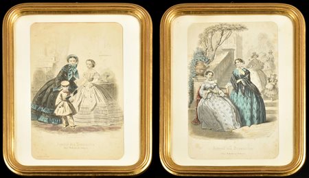 LOTTO DI 2 STAMPE DI MODA FRANCESI raffiguranti capi d'abbigliamento di moda...