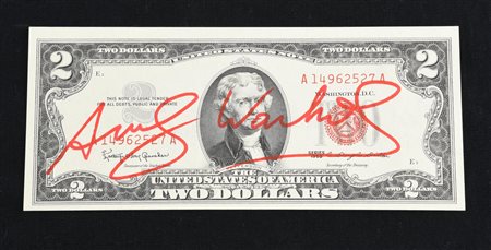 Andy Warhol TWO DOLLARS BILL (Thomas Jefferson) intervento su banconota, cm...