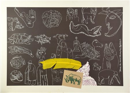 Concetto Pozzati BACIA LA MANO CHE NON PUOI TAGLIARE litografia e collage su...