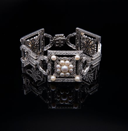 Bracciale in oro bianco, perle e diamanti