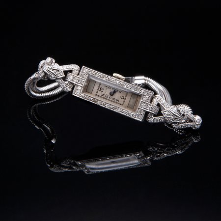 Orologio decò in platino con bracciale in oro bianco e diamanti