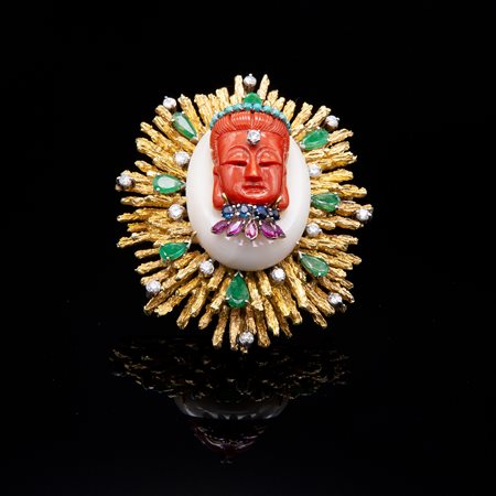 Spilla oro giallo, agata, corallo e pietre preziose