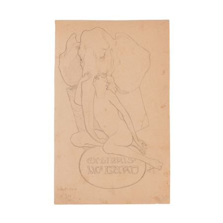 Disegno per Ex Libris Laro. Donna che abbraccia la proboscide di un elefante 
 