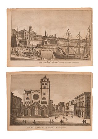 Lotto di due incisioni:  - Vue du Pont Royal 1 Banc de St. George a  Port Franc. Guidotti - Vue  del'Eglise de S. LAurent, et Palais Negroni