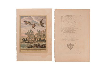 JB OUDRY FABLE LA FONTAINE LA TORTUE ET LES CANARDS - GRAVURE ORIGINALE XVIIIÈME 1755