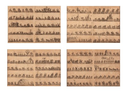 quattro incisioni  raffiguranti eserciti in marcia e animali fantastici in cornici nere che riprendono i modelli di Callot 
 