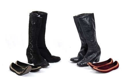 ALDO SACCHETTI 2 BALLERINE "MODELLO INVISIBILE", 2 PAIA DI STIVALI IN PELLE anni 60/70