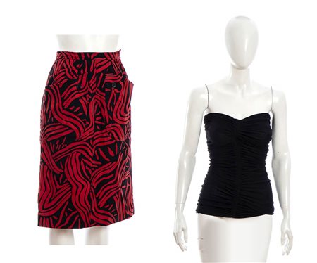  SAINT LAURENT RIVE GAUCHE GONNA IN COTONE, TOP IN SETA fine anni 80