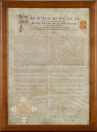 Francesco II , Regno delle Due Sicilie (Francesco d'Assisi Maria Leopoldo, Napoli, 16 gennaio 1836 – Arco, 27 dicembre 1894) Patente di nobiltà su carta pergamena