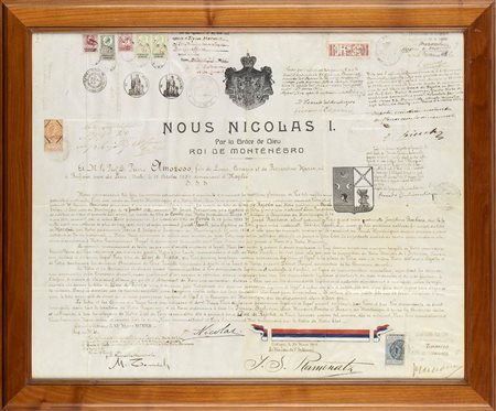 Nicola I di Montenegro, (Kralj Nikola I Mirkov Petrović-Njegoš; Njeguši, 7 ottobre 1841 – Montpellier, 1 marzo 1921)  Patente di nobiltà su carta pergamena