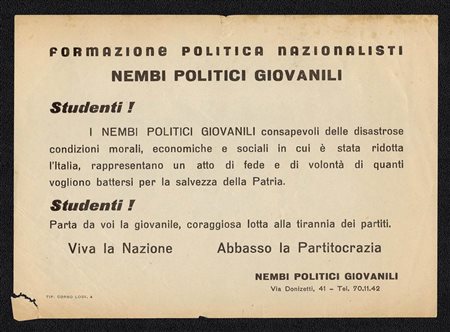 Nazionalisti Volantino Nembi Politici Giovanili