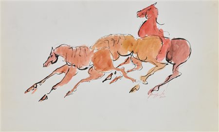 Piero Cerato CAVALLI tecnica mista su carta, cm 32x52 firma e data eseguita...