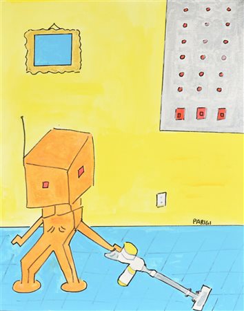 Claudio Parigi ROBOT ARMATO DI ASPIRAPOLVERE acrilico su tela, cm 50x40 firma...