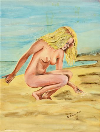 Silvana Salomoni NUDA SULLA SPIAGGIA olio su cartone telato, cm 40x30 firma...