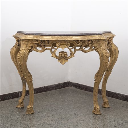 Consolle veneziana in legno intagliato e dorato con piano in marmo