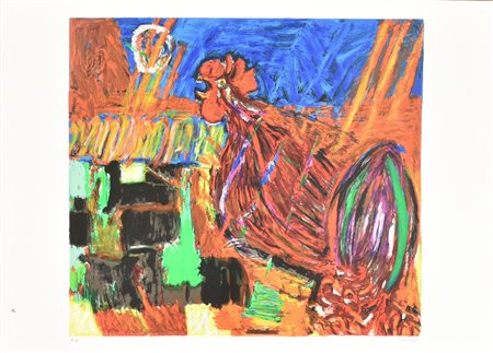 Bruno Cassinari IL CANTO DEL GALLO serigrafia su carta Fabriano, cm 50x70;...