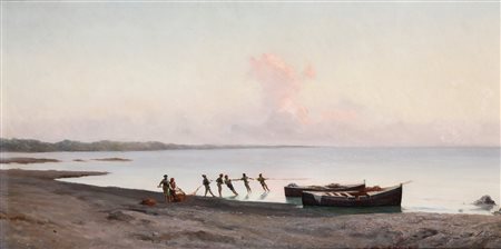 Vertunni Achille, Marina con pescatori - Paesaggio costiero con figure e ruderi
