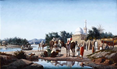Arabi sulla riva di un canale con sfondo di città Scuola orientalista del XIX secolo