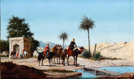 Gruppo di arabi a cavallo presso un canale Scuola orientalista del XIX secolo