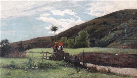 Ciardi Guglielmo attribuito a, Veduta collinare con figure