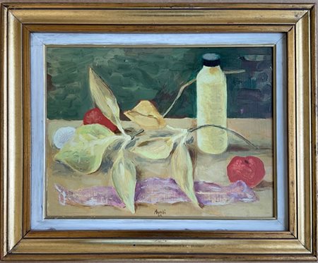 Gabriele Mucchi "Natura morta con foglie, bottiglia e frutti" 1985
olio su tela