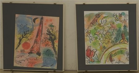 Marc Chagall Lotto composto da una litografia a colori frontespizio del volume "Le plafond de l'Opera de Paris", André Sauret Editeur, 1965 e da una litografia a colori "Vision de Paris" entrambe cm 32x24. 