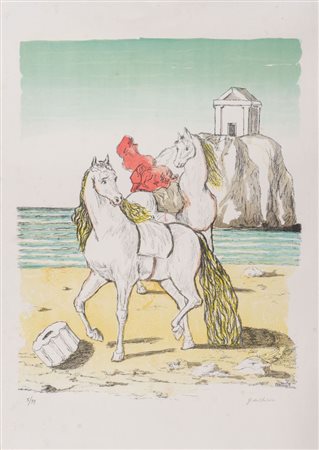 GIORGIO DE CHIRICO (Volo 1888 - Roma 1978) "Cavalli con tempio".Litografia a...
