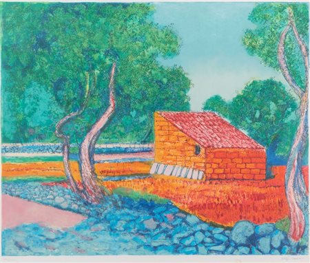 ALIGI SASSU (Milano 1912 - Pollença 2000) "Paesaggio". Litografia su carta...