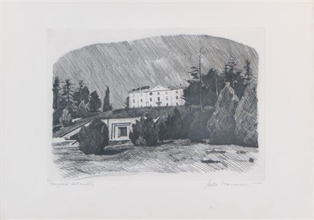 PAOLO MANARESI (Bologna 1908 - 1991) "Paesaggio con villa". Incisione su...