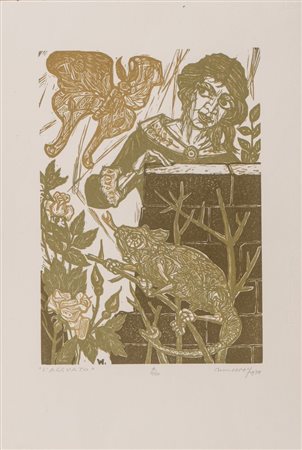 REMO WOLF (Trento 1912 - 2009) "L'agguato", 1978. Xilografia. Lastra: cm...