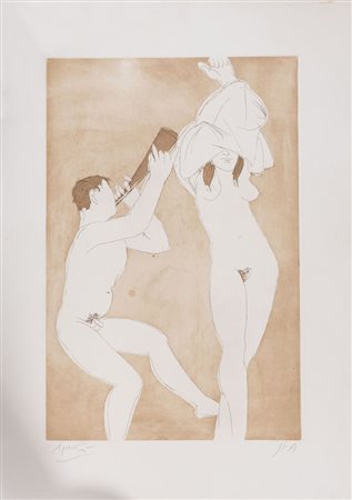GIACOMO MANZÙ (Bergamo 1908 - Roma 1991) "Flautista con modella". Acquaforte...