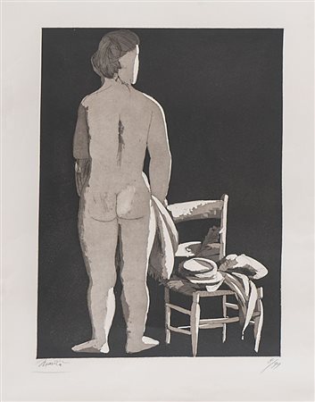 GIACOMO MANZÙ (Bergamo 1908 - Roma 1991) "Modella con seggiola". Litografia...