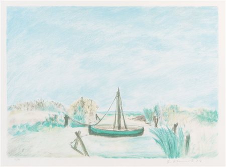 GIOVANNI OMICCIOLI (Roma 1901 - 1975) "Paesaggio con barca", 1974. Litografia...