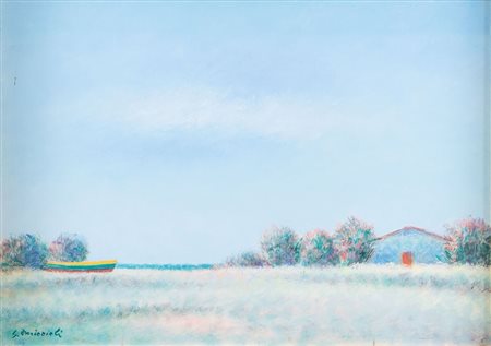 GIOVANNI OMICCIOLI (Roma 1901 - 1975) "Paesaggio marittimo". Olio su cartone....