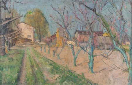 Pittore anonimo del XX secolo. "Paesaggio". Olio su tela di iuta. Cm 61X94.