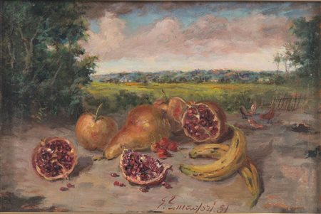 GIULIANO AMADORI (Bologna 1883 - 1972) "Frutti all'aperto", 1951. Olio su...