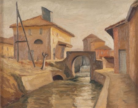 FERDINANDO TUGNOLI (Bologna 1913 - 1974) "Paesaggio con canale", 1949. Olio...