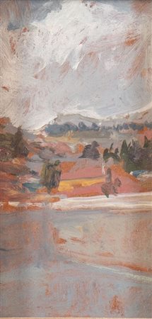 UGO GUIDI (Comacchio 1923 - Bologna 2007) "Paesaggio". Olio su faesite. Cm 16,3x8,8. Al retro opera firmata Ugo Guidi.