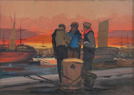 RENATO NATALI (Livorno 1883 - 1979) "Pescatori al porto". Olio su tela. Cm...