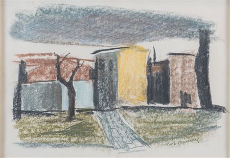 PAOLO MANARESI (Bologna 1908 - 1991) "Paesaggio". Tecnica mista e pastello su...